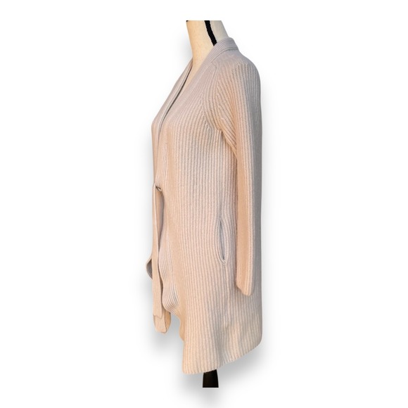 Vince Wool Cashmere Ribbed Longline Tie Front Cardigan Sweater Oatmeal Beige M - Picture 3 of 6